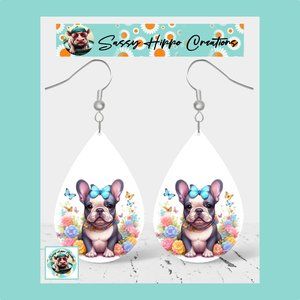 Earrings French Bulldog Puppy Dog Butterflies Flowers Hand Sublimated Printed